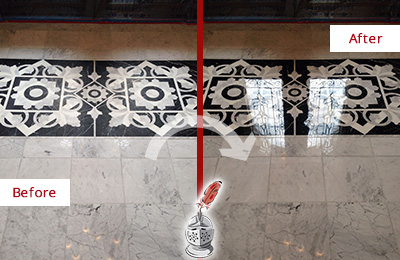 Before and After Picture of a Croton On Hudson Marble Stone Floor Polished to a Mirror Shine