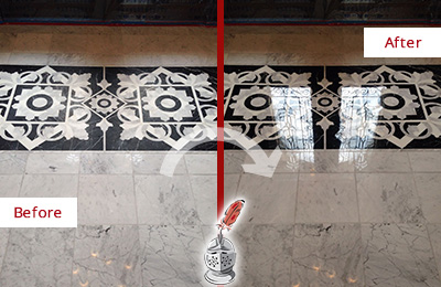 Sir Grout Polishes this Granite Springs Marble Stone Floor to a Mirror Shine Before and After Picture of a Granite Springs Marble Stone Floor Polished to a Mirror Shine