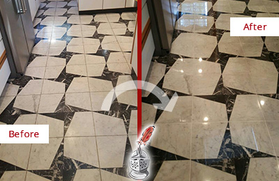 Sir Grout Polishes this Dull Granite Springs Marble Stone Floor To Recover Its Luster Before and After Picture of a Dull Granite Springs Marble Stone Floor Polished To Recover Its Luster