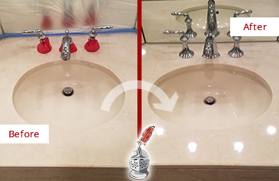 Sir Grout Polishes this Dull Granite Springs Marble Stone Vanity Top to Bring-Back Its Sheen Before and After Picture of a Dull Granite Springs Marble Stone Vanity Top Polished to Bring-Back Its Sheen