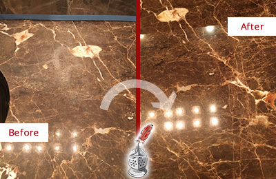 Before and After Picture of a Valhalla Marble Stone Countertop Polished to Eliminate Stains