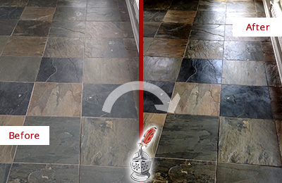 Sir Grout Seals this Dull Pelham Slate Floor to Bring Back Its Colors Before and After Picture of a Dull Pelham Slate Floor Sealed to Bring Back Its Colors