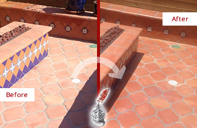 Sir Grout Seals this Dull Pelham Terracotta Patio Floor For UV Protection Before and After Picture of a Dull Pelham Terracotta Patio Floor Sealed For UV Protection