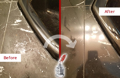 Before and After Picture of a Larchmont Marble Countertop Cleaned to Remove Deep Dirt