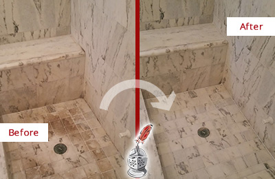 Sir Grout Cleans this Dirty Valhalla Marble Shower to Eliminate Dark Stains Before and After Picture of a Dirty Valhalla Marble Shower Cleaned to Eliminate Dark Stains