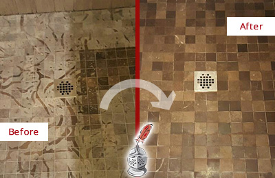 Sir Grout Cleans this Stained Valhalla Shower Marble Floor to Remove Etch Marks Before and After Picture of a Stained Valhalla Marble Shower Floor Cleaned to Remove Etching