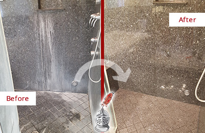Sir Grout Cleans this Valhalla Granite Shower to Remove Mineral Deposits Before and After Picture of a Valhalla Granite Shower Cleaned to Remove Mineral Deposits