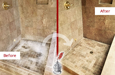 Sir Grout Cleans this Valhalla Travertine Shower to Eliminate Water Spots Before and After Picture of a Valhalla Travertine Shower Cleaned to Eliminate Water Spots