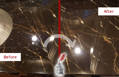 Before and After Picture of a Somers Marble Countertop Cleaned to Remove Water Spots