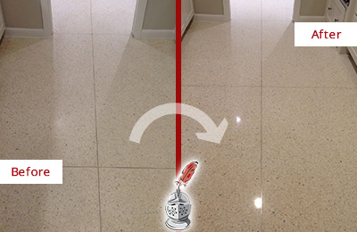 Sir Grout Seals this Somers Granite Floor for Stone Protection Before and After Picture of a Somers Granite Floor Sealed for Stone Protection