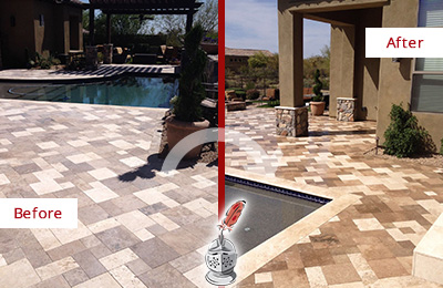 Sir Grout Seals the Stone of this Somers Travertine Patio Stone for Extra Protection Before and After Picture of a Somers Travertine Patio Sealed Stone for Extra Protection
