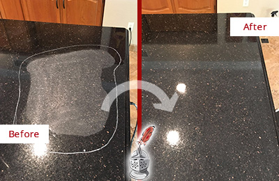 Sir Grout Hones this Mount Vernon Granite Kitchen Countertop to Eliminate Scratch Before and After Picture of a Mount Vernon Granite Kitchen Countertop Honed to Eliminate Scratch