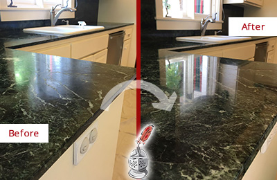 Sir Grout Hones this Mount Vernon Marble Kitchen Countertop to Remove Water Marks Before and After Picture of a Mount Vernon Marble Kitchen Countertop Honed to Remove Water Marks