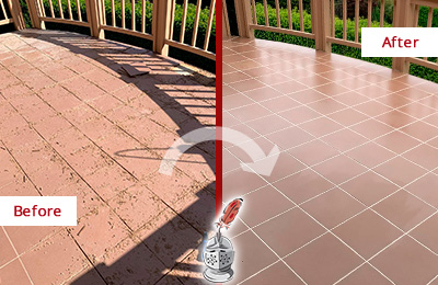 Before and After Picture of a Millwood Hard Surface Restoration Service on a Tiled Deck