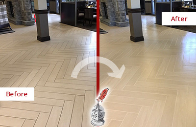 Sir Grout Restored This Briarcliff Manor Office Lobby Tile Floor to Remove Embedded Dirt Before and After Picture of a Briarcliff Manor Hard Surface Restoration Service on an Office Lobby Tile Floor to Remove Embedded Dirt