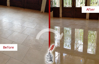 Sir Grout Restored This Briarcliff Manor Dull Travertine Floor to Recover Its Splendor with a Stone Polishing Service Before and After Picture of a Briarcliff Manor Hard Surface Restoration Service on a Dull Travertine Floor Polished to Recover Its Splendor
