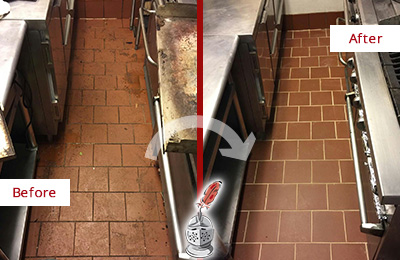 Before and After Picture of a Crompond Hard Surface Restoration Service on a Restaurant Kitchen Floor to Eliminate Soil and Grease Build-Up