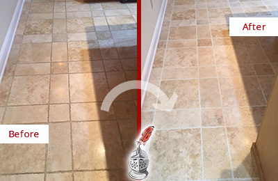 Sir Grout Cleans this White Plains Kitchen Floor's Grout to Recover Its Color Before and After Picture of White Plains Kitchen Floor Grout Cleaned to Recover Its Color