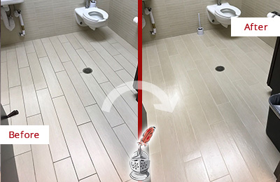 Before and After Picture of a Hartsdale Office Restroom's Grout Cleaned to Remove Dirt
