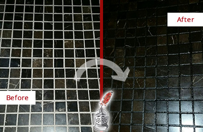 Sir Grout Recolored the Grout of this Cross River Black Tile Floor Before and After Picture of a Cross River Black Floor with Recolored Grout