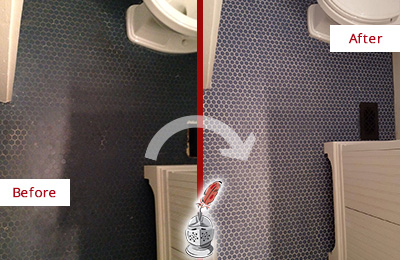 Sir Grout Recolors the Grout on this Cross River Blue Tile Floor Before and After Picture of a Cross River Blue Tile Floor Recolored Grout