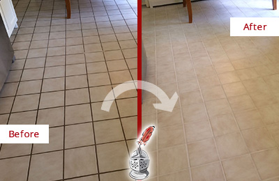 Sir Grout Recolors this Cross River Kitchen Tile Floor's Grout Before and After Picture of a Cross River Kitchen Tile Floor with Recolored Grout