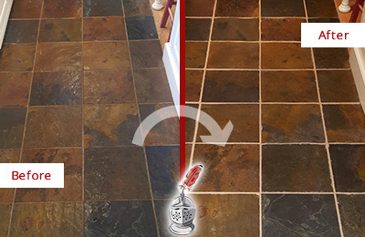 Sir Grout Recolors the Grout of this Cross River Slate Floor Before and After Picture of a Cross River Slate Floor Recolored Grout