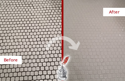 Sir Grout Recolors the Grout of this Cross River White Mosaic Tile Before and After Picture of a Cross River White Mosaic Tile Recolored Grout
