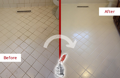 Before and After Picture of a Shenorock White Bathroom Floor Grout Sealed for Extra Protection