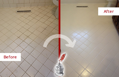 Sir Grout Seals the Grout of this Mahopac White Bathroom Floor for Extra Protection Before and After Picture of a Mahopac White Bathroom Floor Grout Sealed for Extra Protection