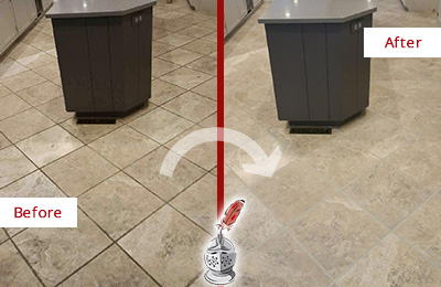Sir Grout Seals this Stained Mahopac Kitchen Floor Grout to Remove Stains Before and After Picture of a Mahopac Kitchen Floor Grout Sealed to Remove Stains