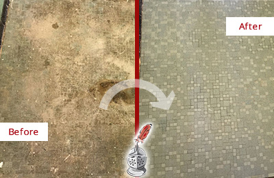 Sir Grout Cleans this Ossining Mosaic Shower Cleaned to Eliminate Embedded Dirt Before and After Picture of a Ossining Mosaic Shower Cleaned to Eliminate Embedded Dirt